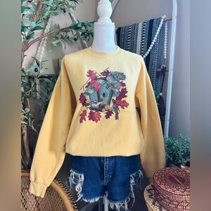 Vintage Endless Designs Fall Autumn Bird Squirrel Grannycore Yellow Sweatshirt